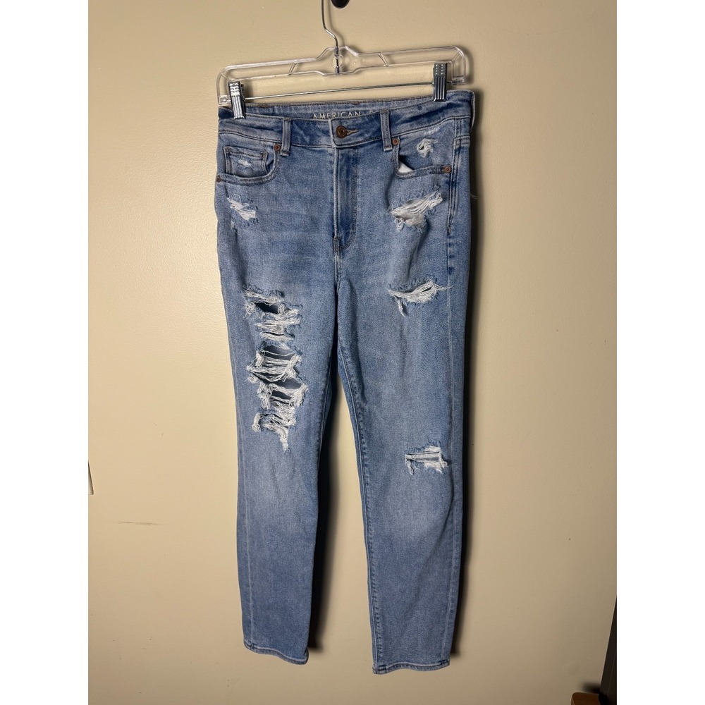 American Eagle Mom Jeans Womens 2 Light Wash Blue Stretch Distressed 5-Pocket